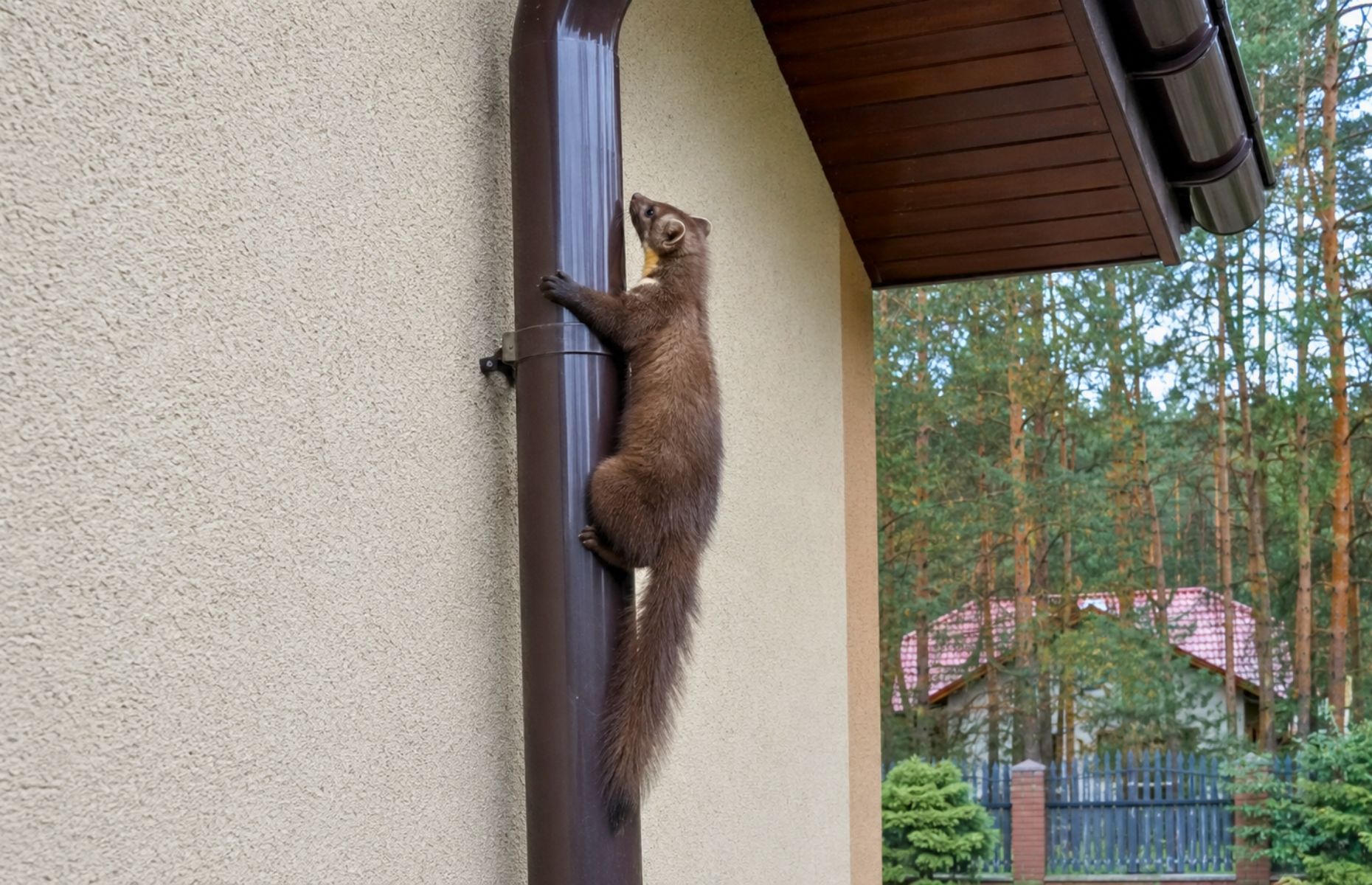 Jak kuna wchodzi po rynnie na dach budynku jednorodzinnego Fotorealistyczne ujęcie kuny wspinającej się po pionowej, brązowej rynnie przymocowanej do jasnej, tynkowanej ściany polskiego domu jednorodzinnego. Zwierzę obejmuje rurę łapami i spogląda w górę w stronę dachu; wyraźnie widoczne są szczegóły brązowej sierści, jaśniejszej plamy na szyi, łap i pazurów. Po lewej stronie kadru, tuż za posesją, rozciąga się sosnowy las. Zdjęcie wykonano w naturalnym świetle dziennym, z ostrą fakturą elewacji i rynny oraz lekko rozmytym leśnym tłem.